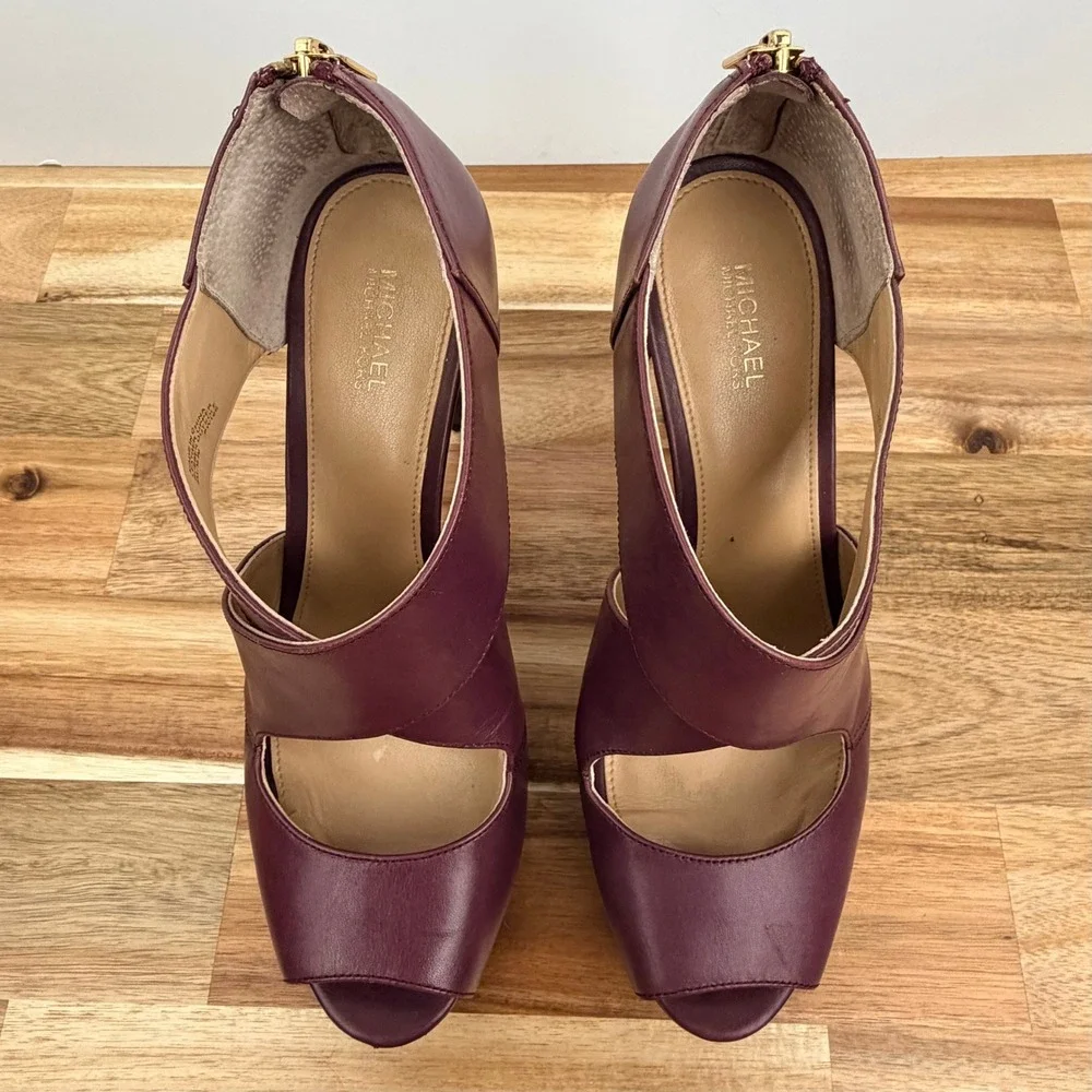 Michael Kors Plum Burgundy Leather Peep Toe Platform Heels Back Zip Womens 8M